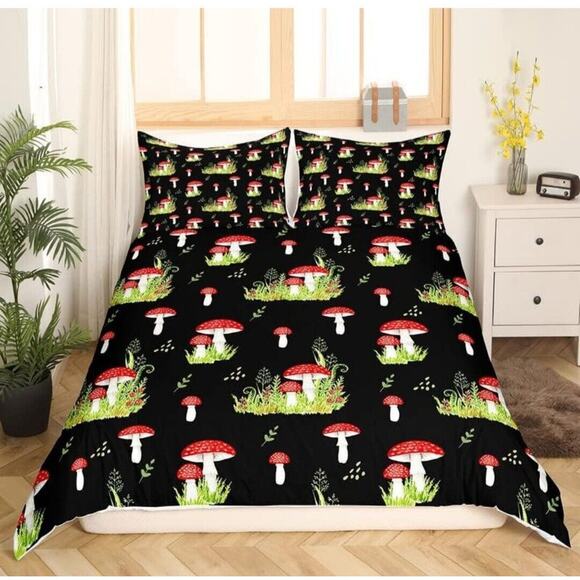 Unbranded Other - Kawaii Fungus Duvet Cover Cute Mushroom Leaf Bedding Set Black Multi Size Twin